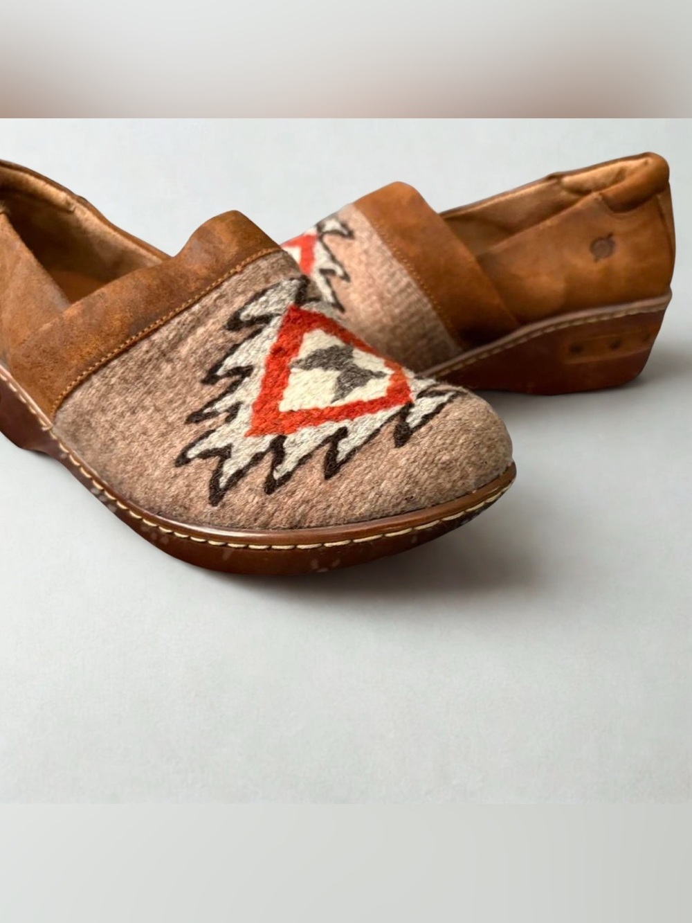 Born Leather with Brown Tan Aztec Design in Wool Slip-On Clogs Boho Western 8.5